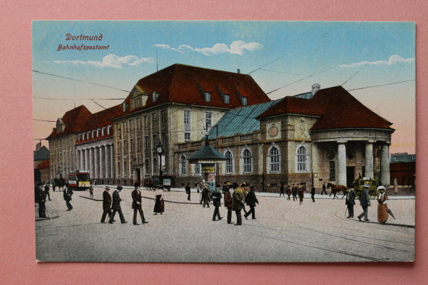Ansichtskarte AK Dortmund 1910-1930 Bahnhofspostamt Post Straßenbahn Litfaßsäule Architektur Ortsansicht NRW